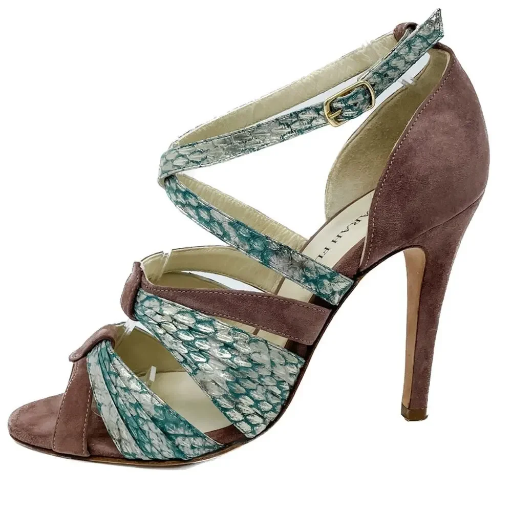 Sarah Flint Vilma Suede & Snakeskin Sandals aqua mauve gold size 37 US7